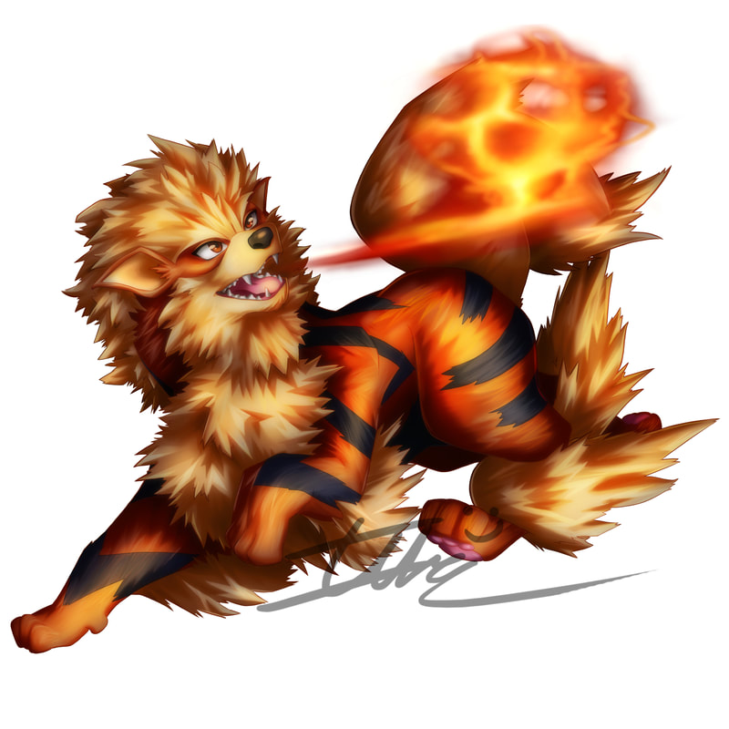 Pokemon, Arcanine, a large orange dog using a fire type attack