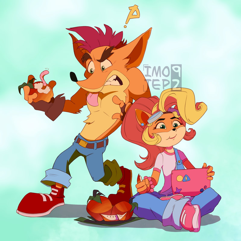 Two figures.  Crash Bandicoot standing on the left looking disgustingly at a wumpa fruit with a worm in it.  Coco Bandicoot on the right sat down eating wumpa fruit, looking at her tablet.