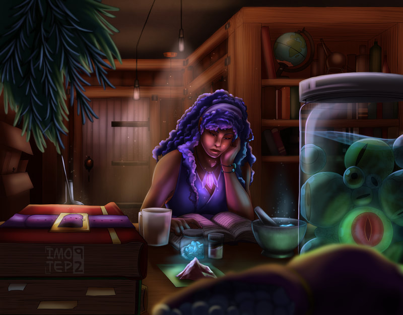 A woman in a dimly lit room, sat at a desk reading a book.  Surrounded by minerals, powder, herbs, books and a jar of eyeballs