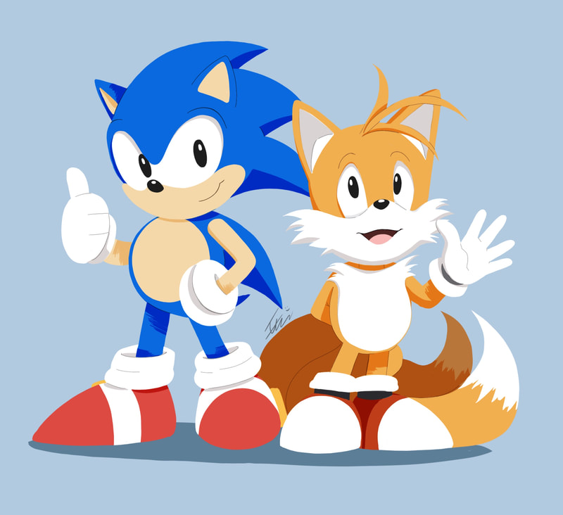 Two figures standing next to eachother.  The blue hedgehog on the left, one hand on hip, other hand is in a thumbs up.  The yellow fox on the right, on hand behing back and other hand waving
