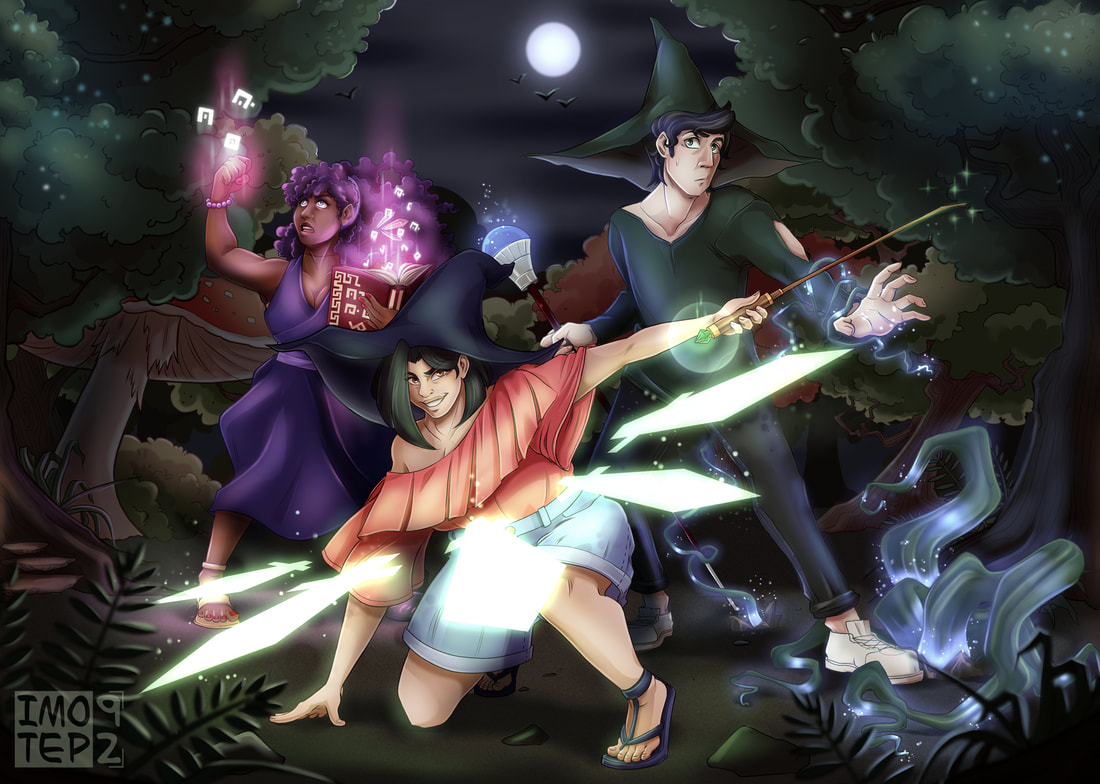 three witches casting spells in thr middle of a forest