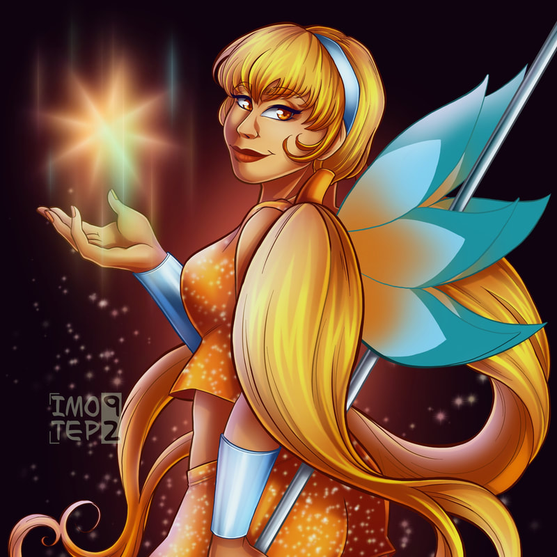 Winx Club Stella, Fairy of the Shining Sun and Moon manipulating light and holding a staff