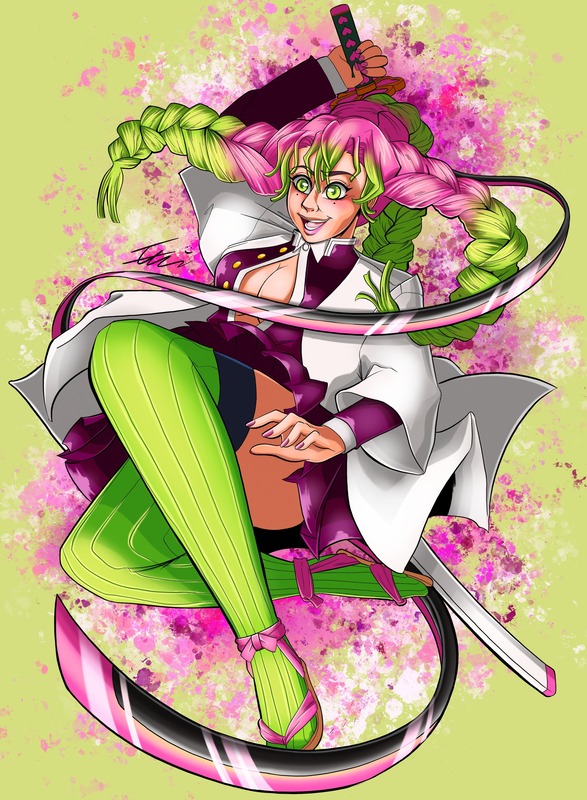 A woman with pink and green hair attacking with a long bendy sword
